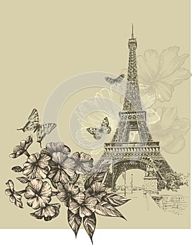 Vintage background with Eiffel Tower and blooming phlox. Hand drawing, vector illustration