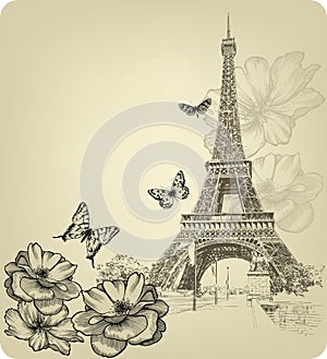 Vintage background with Eiffel Tower and roses. Hand drawing, vector illustration