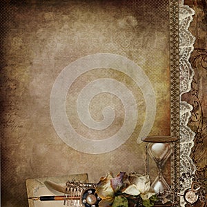 Vintage background with faded roses, hourglass and retro decor