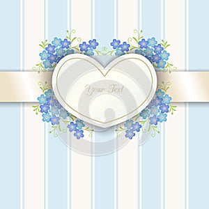 Vintage background with forget-me-not flowers and cutout heart shaped frame.