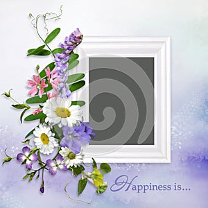 Vintage background with frame and a bouquet of summer meadow flower