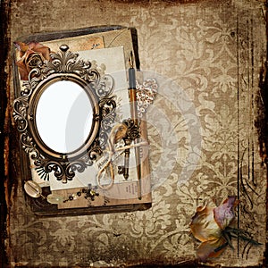 Vintage background with frame and old letters, faded roses