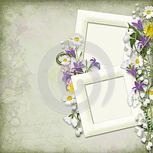 Vintage background with frame and spring flowers