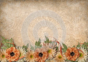 Vintage background with lace and border of beautiful flowers