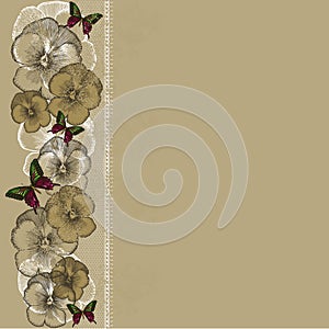 Vintage background with lace and pansies. Vector illustration.