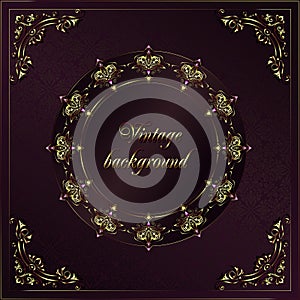 Vintage background mandala business card invitation with golden lace ornaments and art deco floral decorative elements