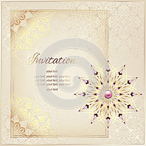 Vintage background mandala business card invitation with golden lace ornaments and art deco floral decorative elements