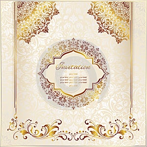 Vintage background mandala business card invitation with golden lace ornaments and art deco floral decorative elements