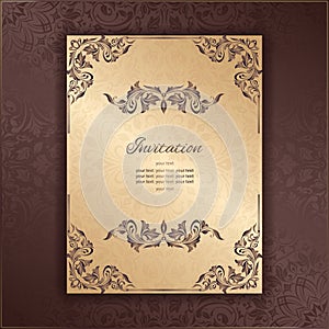 Vintage background mandala business card invitation with golden lace ornaments and art deco floral decorative elements