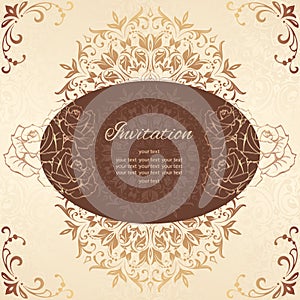 Vintage background mandala business card invitation with golden lace ornaments and art deco floral decorative elements