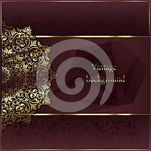 Vintage background mandala business card invitation with golden lace ornaments and art deco floral decorative elements