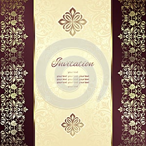 Vintage background mandala business card invitation with golden lace ornaments and art deco floral decorative elements