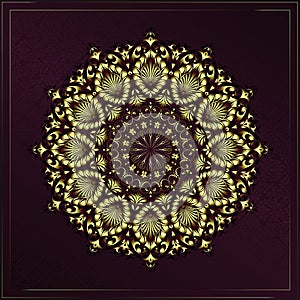 Vintage background mandala card with golden lace ornaments and art deco floral decorative elements