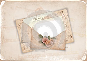 Vintage background with old postcard to a loved