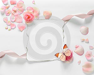 Vintage background with paper-frame and petals for congratulations