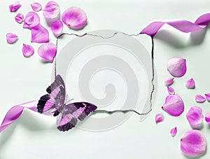 Vintage background with paper-frame and petals for congratulations