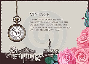Vintage background with pocket watch and roses