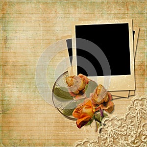Vintage background with polaroid-frame and faded roses