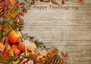 Vintage background with pumpkin and autumn leaves.Happy Thanksgiving