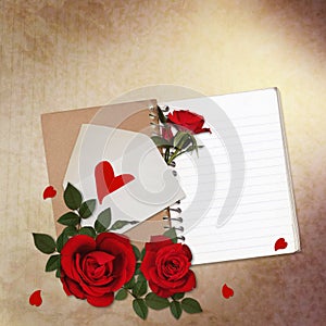 Vintage background with red roses, notepad and heart