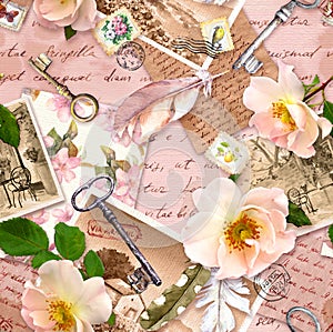 Vintage background, retro design, Aged paper, roses flowers, notes, watercolor feathers, keys. Repeating floral pattern