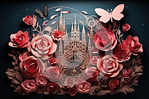 Vintage background with roses and a castle. Vector illustration. Generative AI