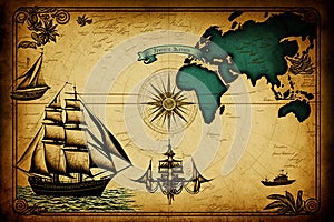 Vintage background with ship, compass and map