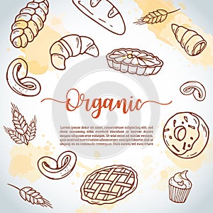 Vintage background with sketch bakery, pastries, sweets, desserts, cake, muffin and bun. Hand drawn design for menu