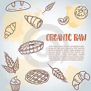 Vintage background with sketch bakery, pastries, sweets, desserts, cake, muffin and bun. Hand drawn design for menu