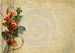 Vintage background with spring flowers on paper checkered