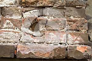 Vintage background texture of old brick masonry on ancient cement with cracks with traces of old paint.