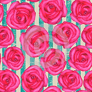 Vintage background with watercolor pink red roses on teal turquoise stripes seamless pattern