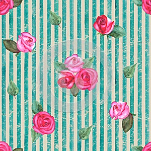 Vintage background with watercolor pink red roses on teal turquoise stripes seamless pattern