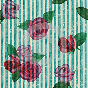 Vintage background with watercolor pink red roses on teal turquoise stripes seamless pattern