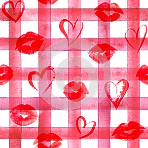 Vintage background with watercolor red hearts and lips on black plaid stripes seamless pattern