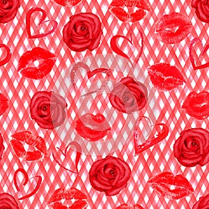 Vintage background with watercolor red hearts, lips, roses on black plaid stripes seamless pattern