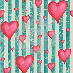 Vintage background with watercolor red hearts on teal turquoise stripes seamless pattern