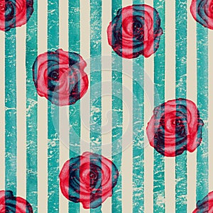 Vintage background with watercolor roses on teal turquoise stripes seamless pattern