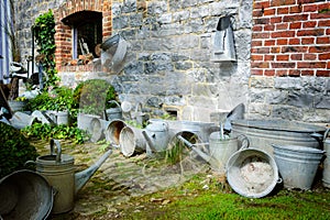 Vintage backyard with gardening tools