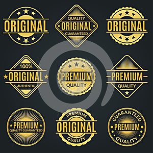 Vintage badge and retro logo set. Original, Premium quality and Guarantee stamp, seal and label collection. Vector illustration
