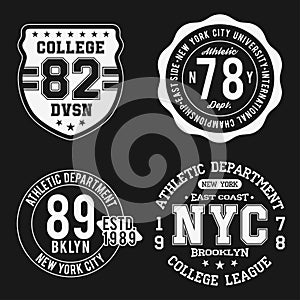 Vintage badges set, athletic sport typography for t shirt print. Varsity style. T-shirt graphic