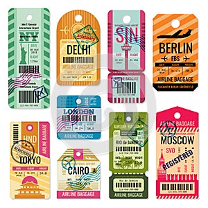 Vintage baggage tags and luggage labels vector set photo