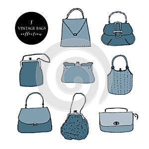 Vintage bags, clutches and purses ink set. Hand drawn vector illustration. Elegant and trendy