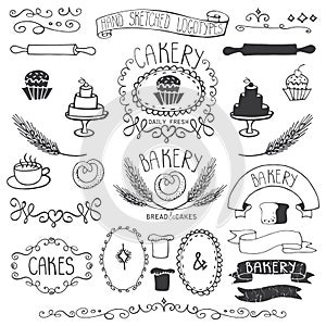 Vintage Bakery Labels element set. Hand sketched