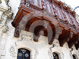 The vintage balcony of palace on Plaza de Armas, Plaza Mayor, Lima city, Peru, South America