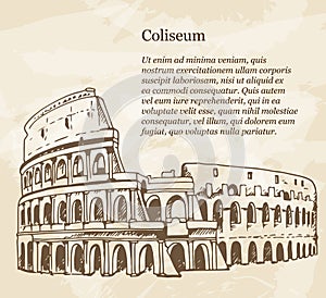 Vintage banner with hand drawn illustration of Coliseum Colosseum, Rome, Italy