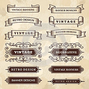 Vintage banners. Wedding flourish ornament grunge ribbons chalkboard textures vector retro style badges