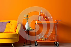 Vintage bar cart adds character to a retro living room in bright retro shades
