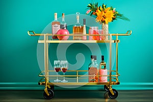 Vintage bar cart adds character to a retro living room in bright retro shades