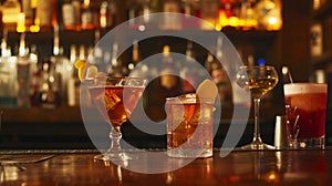 A vintage bar scene featuring classic cocktails like the Old Fashioned and Martini